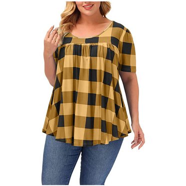 Lenpel Hauts pour Femmes Grande Taille Été Manches Courtes Col Ras du Cou devant Plissé Carreaux T-Shirts Décontractés Tunique Ample Tee Blouses