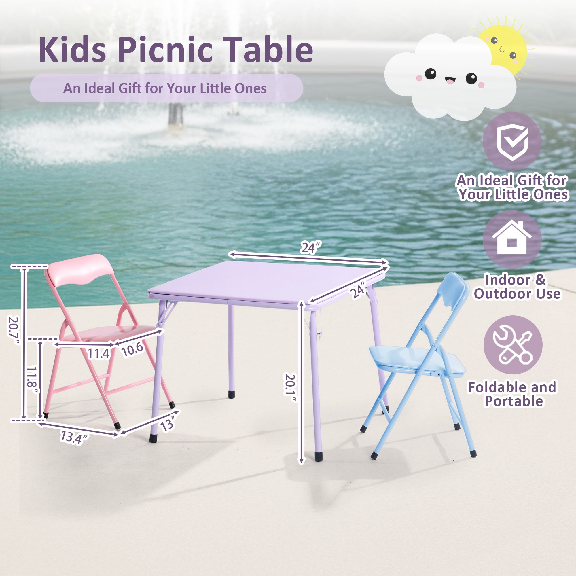 Ensemble table d'activité et 2 chaises pliantes pour enfants Homy Casa, 24 po, métal pour tout-petits et préscolaire, rose/violet/bleu
