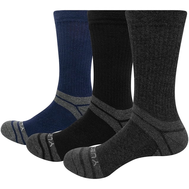 Men's 3 Pairs/Pack Performance Moisture Wicking Cushioned Crew Athletic Walking Hiking Socks in black, grey, and navy blue. Features include reinforced heel and toe, breathable mesh, arch support, and a cushioned footbed for comfort during hiking, walking, and other outdoor activities. Made from a cotton-polyester-spandex blend for durability, moisture control, and a snug fit.