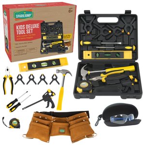 SparkJump Ensemble d'outils pour enfants Deluxe, de vrais outils avec ceinture en cuir & Boîte à outils, kit d'outils pour les garçons & Filles 4-6 ans & Haut, Brown Ultimate Tool S