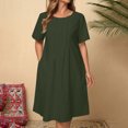 thumbnail image 2 of Amzcrzy Robes pour Femmes Robe en Coton et Lin de Couleur Unie Mode à Manches Courtes Robes d'Été pour Femmes Col Rond Robe d'Été Décontractée Plissée Robes Midi pour Femmes avec Poche, 2 of 9