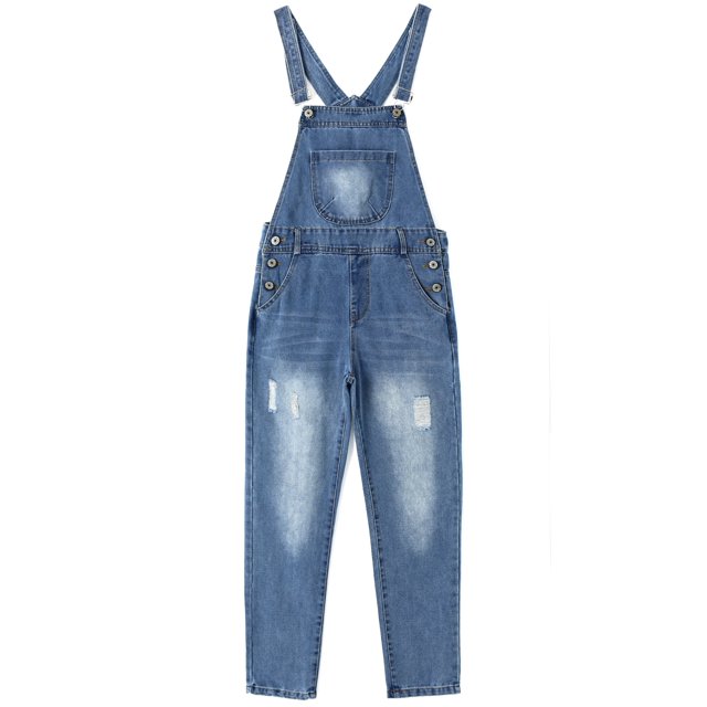 KIDSCOOL SPACE Little Girls Jeans Overalls,3 Buttons Ripped Elastic Band Inside Denim Jumpuit,Blue,5-6 Years