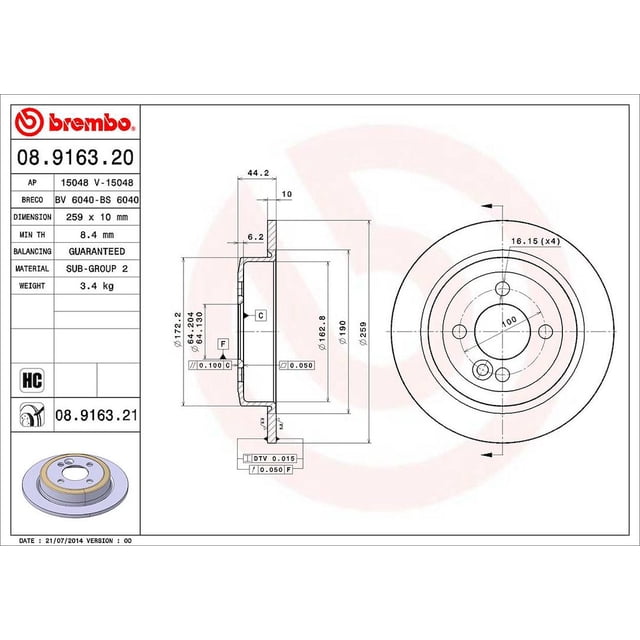 BREMBO Brake Rotor for 2007-2015 Mini Cooper - 08916321C02