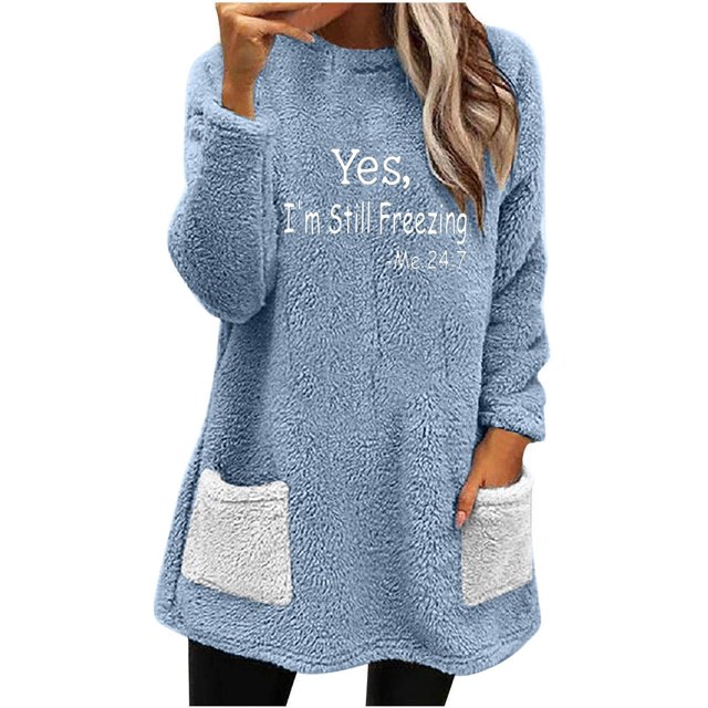 Penkiiy Blouse à Manches Longues pour Femme, Col Rond, d'Hiver, Ample, Unie, avec Poche, Chaude, 2TG, Bleu