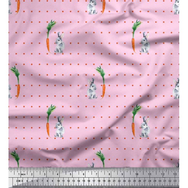 Soimoi Cotton Duck Fabric Carrot & Rabbit Dots Print Fabric by the Yard 56 Inch Wide