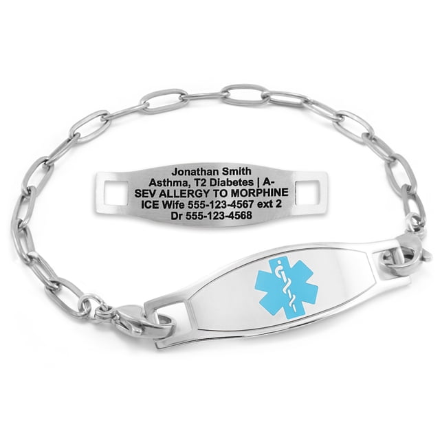 MedicEngraved Bracelet d'Alerte Médicale Personnalisé en Acier Inoxydable - Maillon Trombone 4 mm