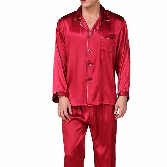 Pyjamas Classiques pour Hommes Col Rabattu Manches Longues Hauts Pantalons Longs Ensembles de Nuit en Soie