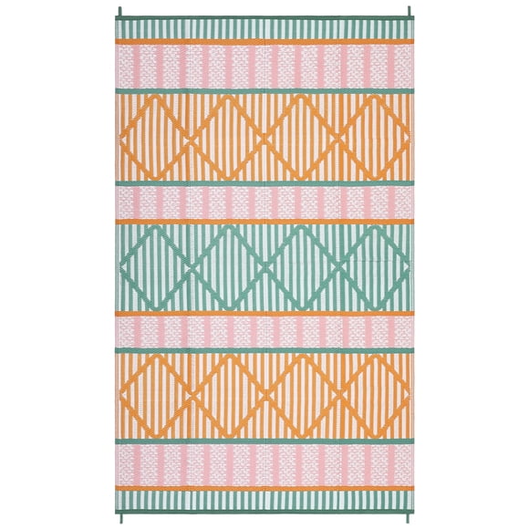 Tapis d'Extérieur Réversible Imperméable pour Patio, Camping et VR – Tapis Léger en Paille Plastique, Géométrique Bohème, Résistant aux UV, Nettoyage Facile (Orange/vert/rose/blanc, 8x10 Pi, Norme US)
