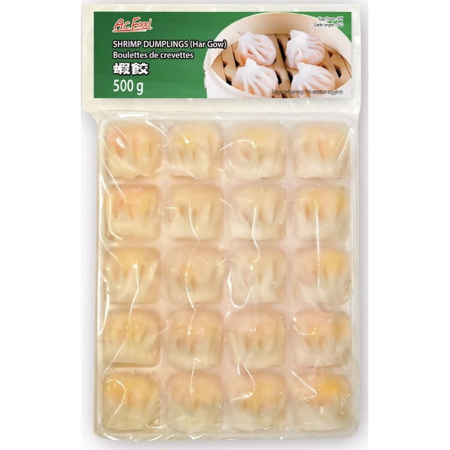 Watson AC Frozen Shrimp Har Gow package with 20 translucent frozen shrimp dumplings arranged in a clear plastic tray, labeled 500 g with bilingual English and French text and a green label showing cooked dumplings in a bamboo steamer, ready to cook with multiple cooking options.