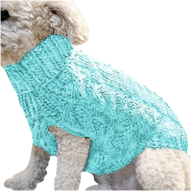 Fashiom Pets Solid Winter Dog Sweater Knitted Warm Sleeveless Pet Clothes shown on a small dog. The sweater is light blue with a textured knit pattern, featuring a high neckline and sleeveless design. Made of polyester, it is suitable for autumn, winter, and spring seasons. Available in sizes S to XL, with bust measurements ranging from 26cm to 40cm and lengths from 26cm to 40cm.