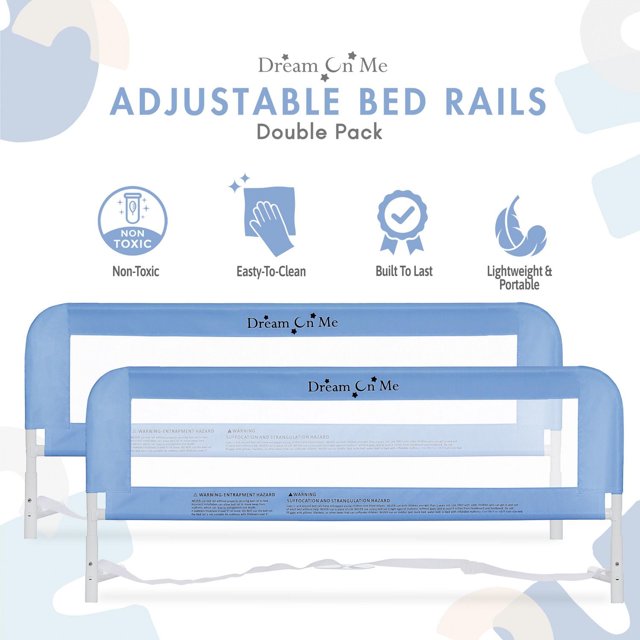 Dream On Me Adjustable Mesh Bedrail Double Pack with two blue mesh toddler bed rails featuring white steel frames, non-toxic materials, easy-to-clean fabric, and lightweight design, providing secure guard rails for twin beds to enhance toddler safety during sleep.