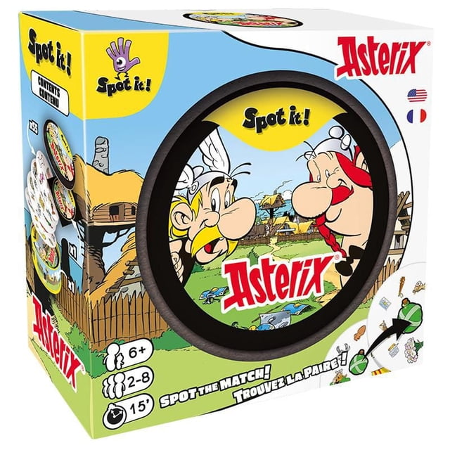 SPOT IT! - Asterix (ml) Boîte de Jeu de Société Mettant en Vedette des Personnages ASTÉRIX et Obélix avec un Arrière-Plan de village, Conçue pour 2 à 8 Joueurs de 6 Ans et Plus, Comprend 55 Cartes Illustrées pour un Jeu de Symboles d'Association Rapide avec un Temps de Jeu de 15 Minutes, Idéale pour les Soirées Jeux en Famille.
