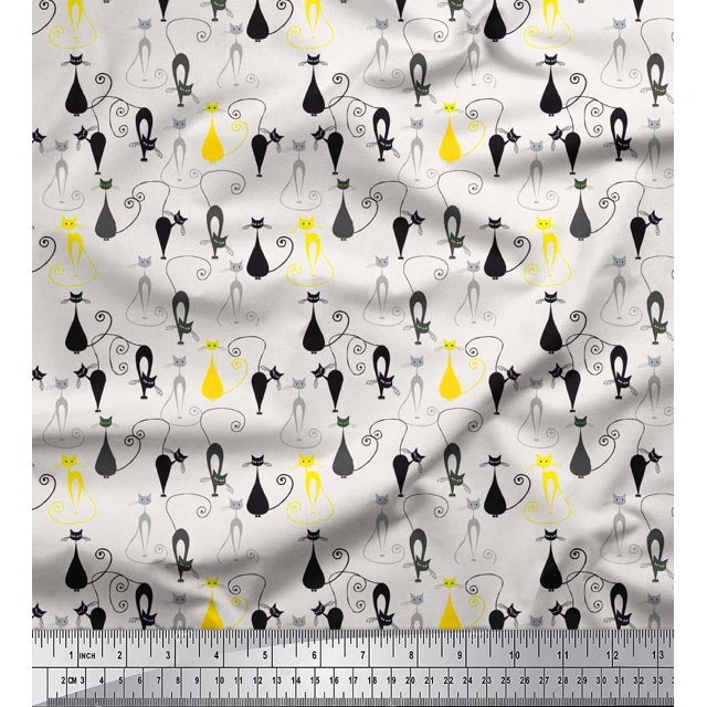 Soimoi Silk Fabric Cat Animal Printed Fabric 1 Yard 42 Inch Wide