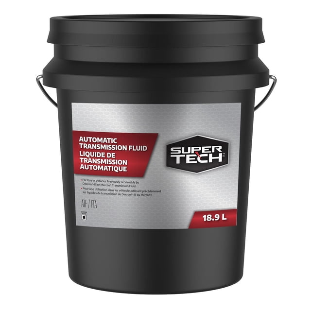 SuperTech Automatic Transmission Fluid 18.9L pail in a black plastic container with handle, labeled in English and French for vehicles requiring Dexron-III or Mercon fluids, offering multi-vehicle transmission protection and anti-shudder performance.