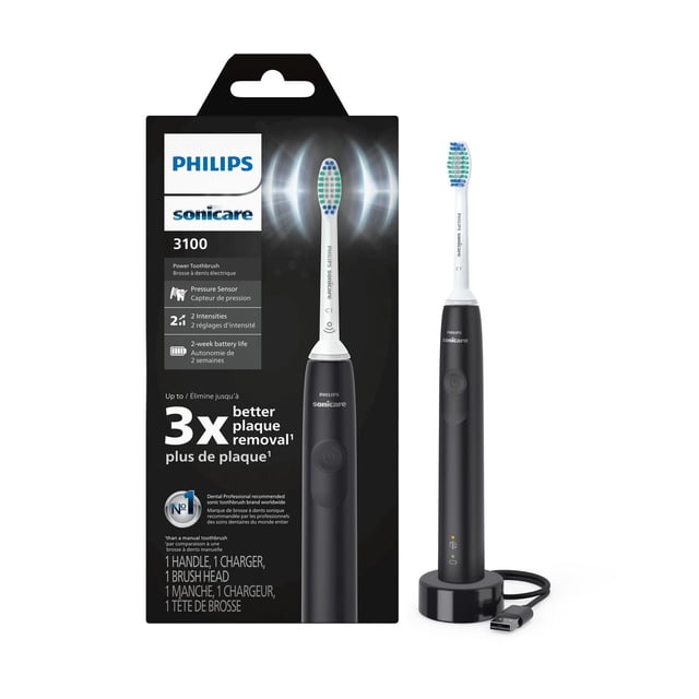 Philips Sonicare 3100 Power Toothbrush in black with slim ergonomic handle, pressure sensor, and two intensity settings, featuring SimplyClean brush head and USB charger, designed for effective oral care with up to 3x better plaque removal and 2-week battery life.