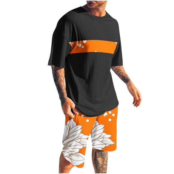 Hawaiian Print Short Sleeve Round Neck Blouse and Elastic Waist Shorts Set for Men, Polyester, Casual Summer Outfit, for Outdoor and Daily Wear