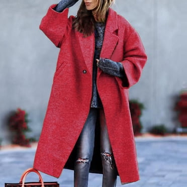 WRKEKC Women's Beltless Wool Blend Coat Notch Lapel Relaxed Fit Long Trench Office Ready Fall Winter Timeless Outerwear Red L