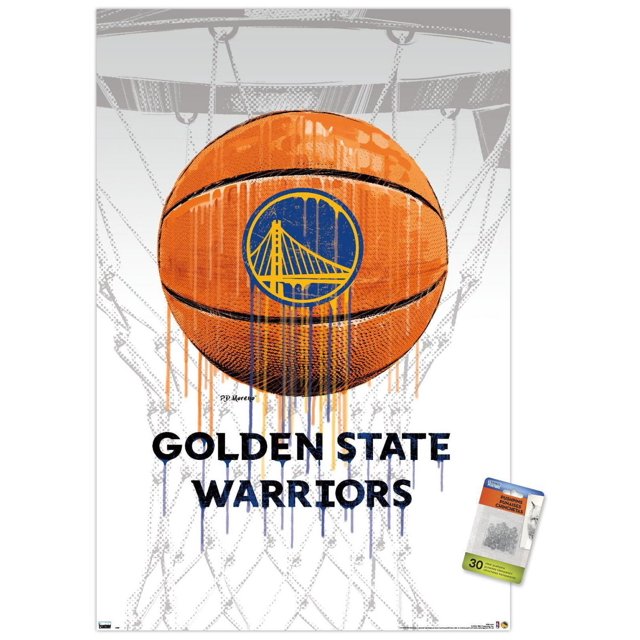 NBA Golden State Warriors - Affiche Murale Drip Ball 20, 22,375 Po x 34 Po Représentant un Ballon de basketball orange avec le logo des Golden State Warriors en style Peinture Goutte à Goutte sur un Fond de Filet de basketball Gris et un Texte Audacieux « Golden State Warriors » en Dessous, Idéal pour la Déco de Chambre à Thème Sportif.