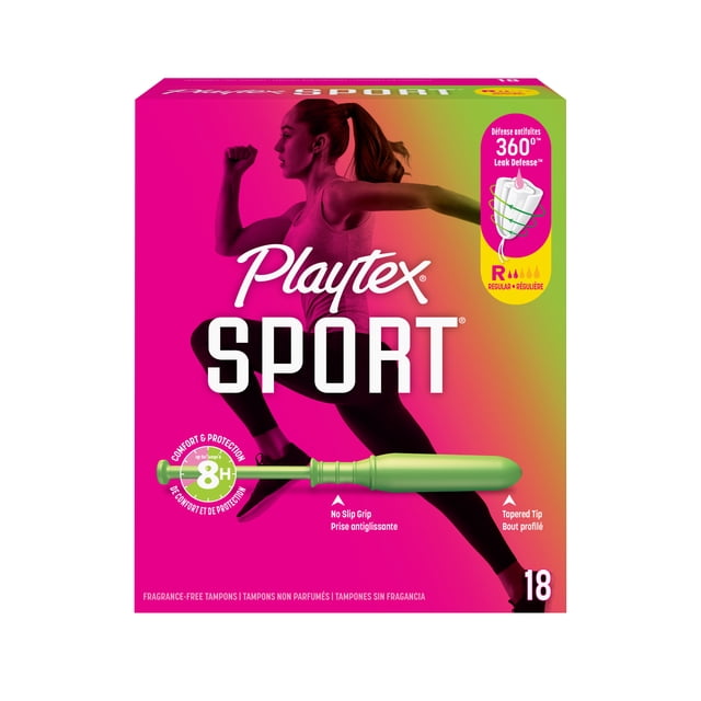 Playtex Sport Unscented Athletic Tampons Regular box with pink and green gradient background featuring a running woman silhouette, displaying a green contoured tampon applicator with no-slip grip and tapered tip, highlighting 360° leak defense and up to 8 hours of comfort, containing 18 fragrance-free tampons.