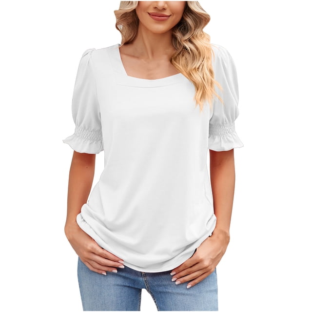 Penkiiy Hauts pour Femmes Été Décontracté Manches à Volants Col Carré T-Shirts L Blanc