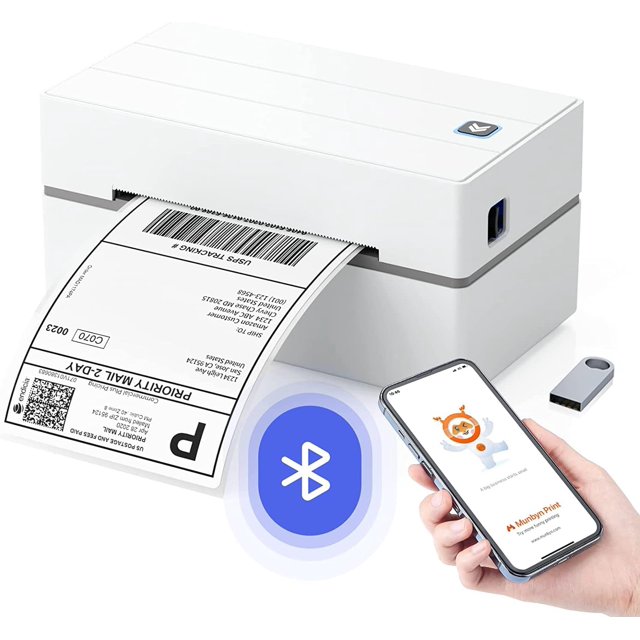 Miaoyou Bluetooth Thermal Shipping Label Printer with USB Cable in black, shown printing a 4x6 shipping label. The compact printer features a sleek rectangular design with a visible USB port and Bluetooth connectivity icon. A smartphone displaying the printer's app and a USB cable are also included, highlighting compatibility with iOS, Android, macOS, and Windows systems. Suitable for small businesses and home use, it supports direct thermal labels ranging from 1.57 to 4.3 inches wide.