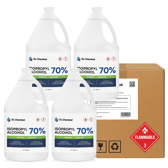 DL Chemical Alcool Isopropylique Qualité USP 70 % – Caisse de 4 X 4 L Cruches / Désinfectant, Nettoyant pour Surfaces et Solvant Polyvalent