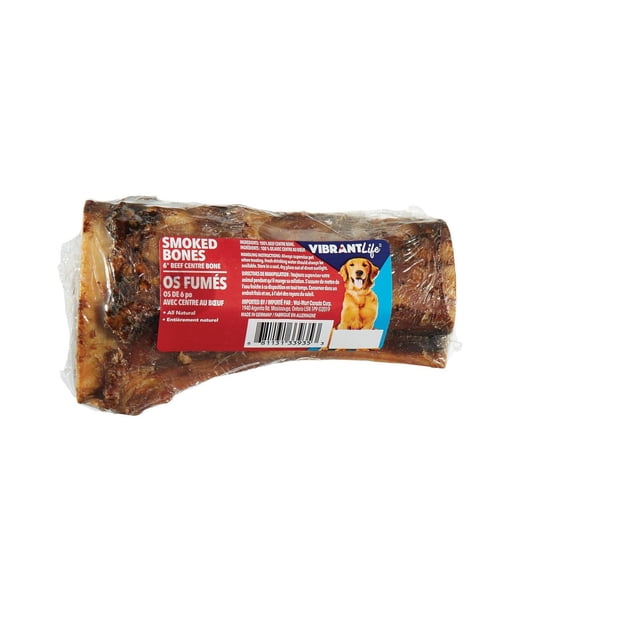 Vibrant Life Beef Center Bone 6-inch smoked all-natural beef center bone dog treat in clear plastic packaging with a red and blue label featuring a golden retriever and product details, suitable as a rewarding dog bone treat.