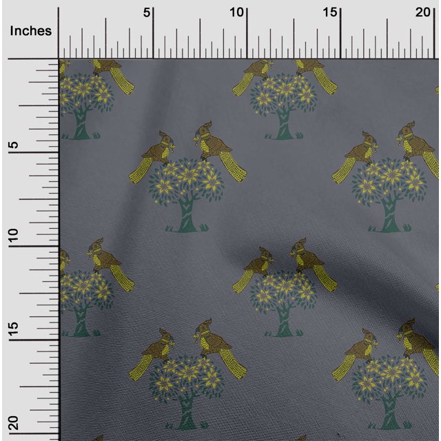 oneOone Organic Cotton Poplin Twill Fabric Bird & Tree Block Print Sewing Fabric BTY 42 Inch Wide