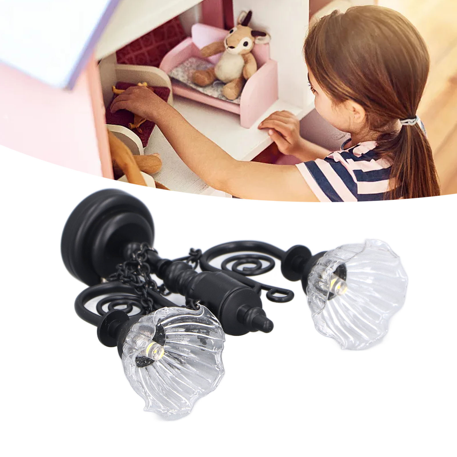 Retro Dollhouse Miniature Ceiling Light,Double Head Flower Chandelier Mini Light For 1:12 Scale Dollhouse