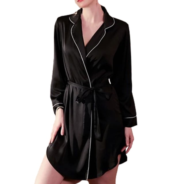 Timegard Robe de Nuit pour Femmes à Manches Longues, Col à Revers, Col en V, Chemises de Nuit Confortables, Taille Ceinturée, Pyjama Mini Décontracté