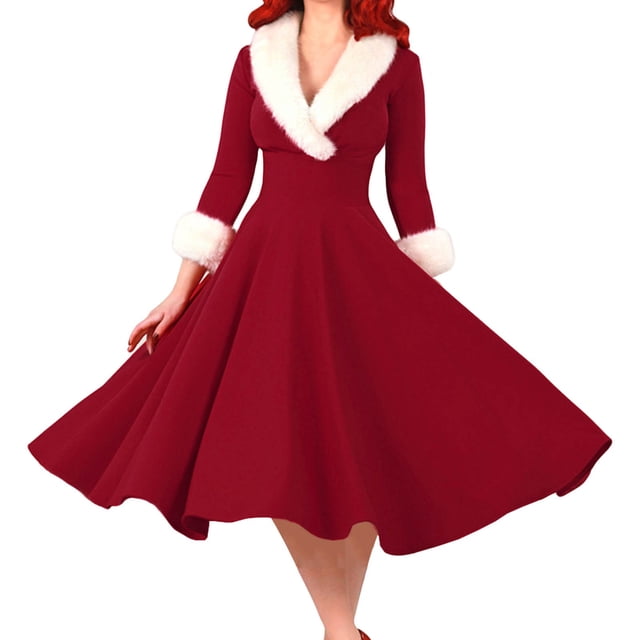 2025 Robe Longue de Noël pour Femmes à Manches, Col en Fourrure, Robes Décontractées pour Femmes, Décolleté Plongeant, Tempérament
