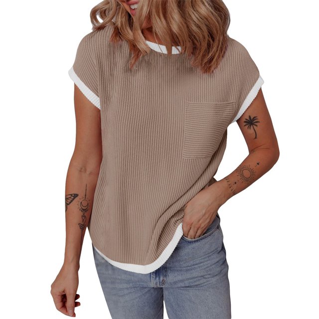 hotojiny Hauts pour Femmes Mode T-Shirt Texturé à Col Rond avec Poche T-Shirt d'Été à Blocs de Couleur à Manches Courtes Chemise Décontractée 2025 Vêtements