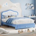 thumbnail image 3 of Full Size Upholstered Platform Bed Frame for Kids with LED Lights and Storage Drawer Velvet Double Flower Design No Box Spring Needed Blue, 3 of 7
