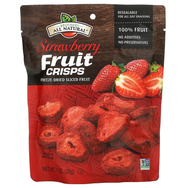 Brothers-All-Natural Fruit Crisps, Strawberries, 1 oz (28 g) resealable bag featuring freeze-dried sliced strawberries. The packaging highlights key attributes such as 100% fruit, no additives or preservatives, and certifications including Kosher, Non-GMO Project Verified, and vegan. Ideal as fruit chips for snacking or recipes, the vibrant red design includes images of whole and sliced strawberries.