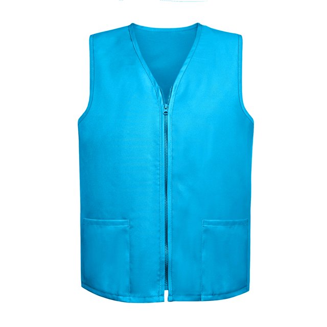 TOPTIE Adult Volunteer Work Vest Event Supermarket Apron Vests in light blue, made of lightweight polyester with a v-shaped neckline, zip front closure, and two large front pockets. Designed for unisex US sizing, this vest is ideal for volunteer work, social service, and commercial team uniforms. Suitable for outdoor activities and year-round use.