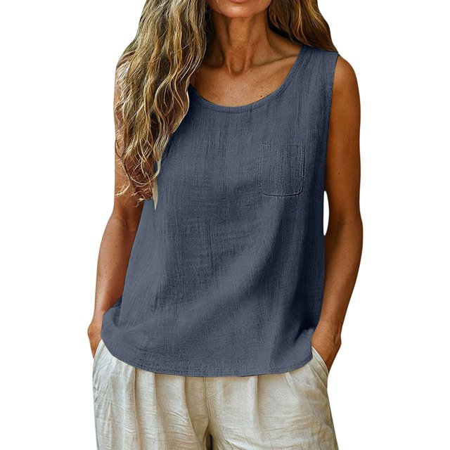 YAZHPA Hauts en Lin pour Femmes, Débardeurs en Coton et Lin pour Femmes Décontractés Sans Manches Chemises d'Été Col Ras du Cou Camisole, Bleu Marine TG