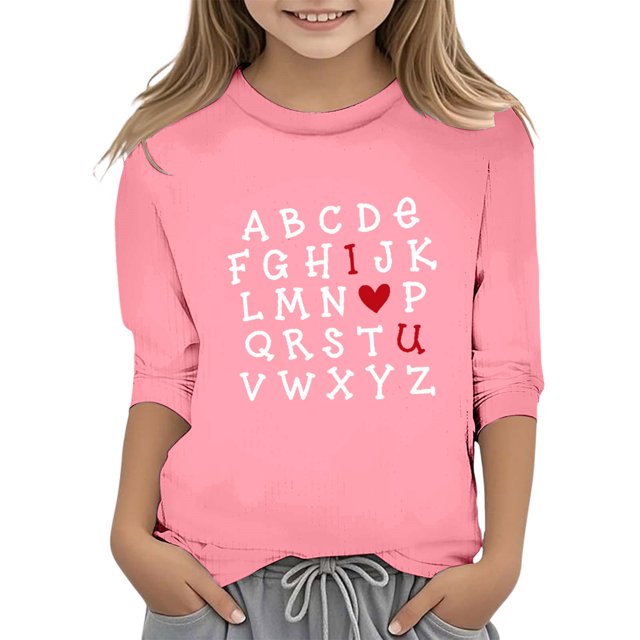 PMVFHDE Tunique à Manches Courtes pour Fille Tee-Shirt d'Été pour Fille T-Shirt Graphique T-Shirts Graphiques pour la Saint-Valentin Imprimé Fonctionnel Col Rond Manches 3/4 Rose, 5-6 Ans
