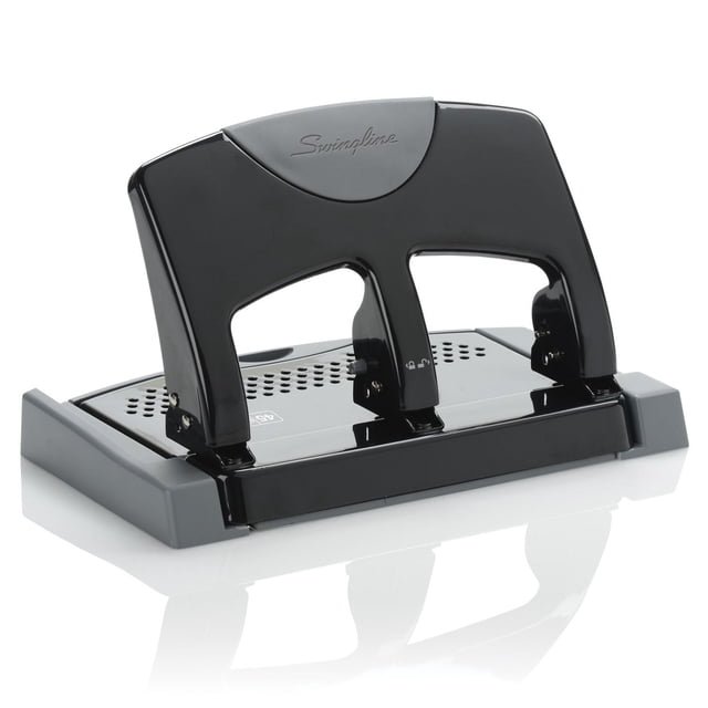 Swingline SmartTouch™ Corps en Métal Noir à 3 Trous à Force Réduite Punch avec base Grise, Doté d'Une Poignée Souple pour Percer à Faible Effort jusqu'à 45 Feuilles, Trous Fixes de 9/32 Pouces, Règle Intégrée et guide de Bord pour un Alignement Précis des Trous, et base Amovible pour une Élimination Facile des Confettis.