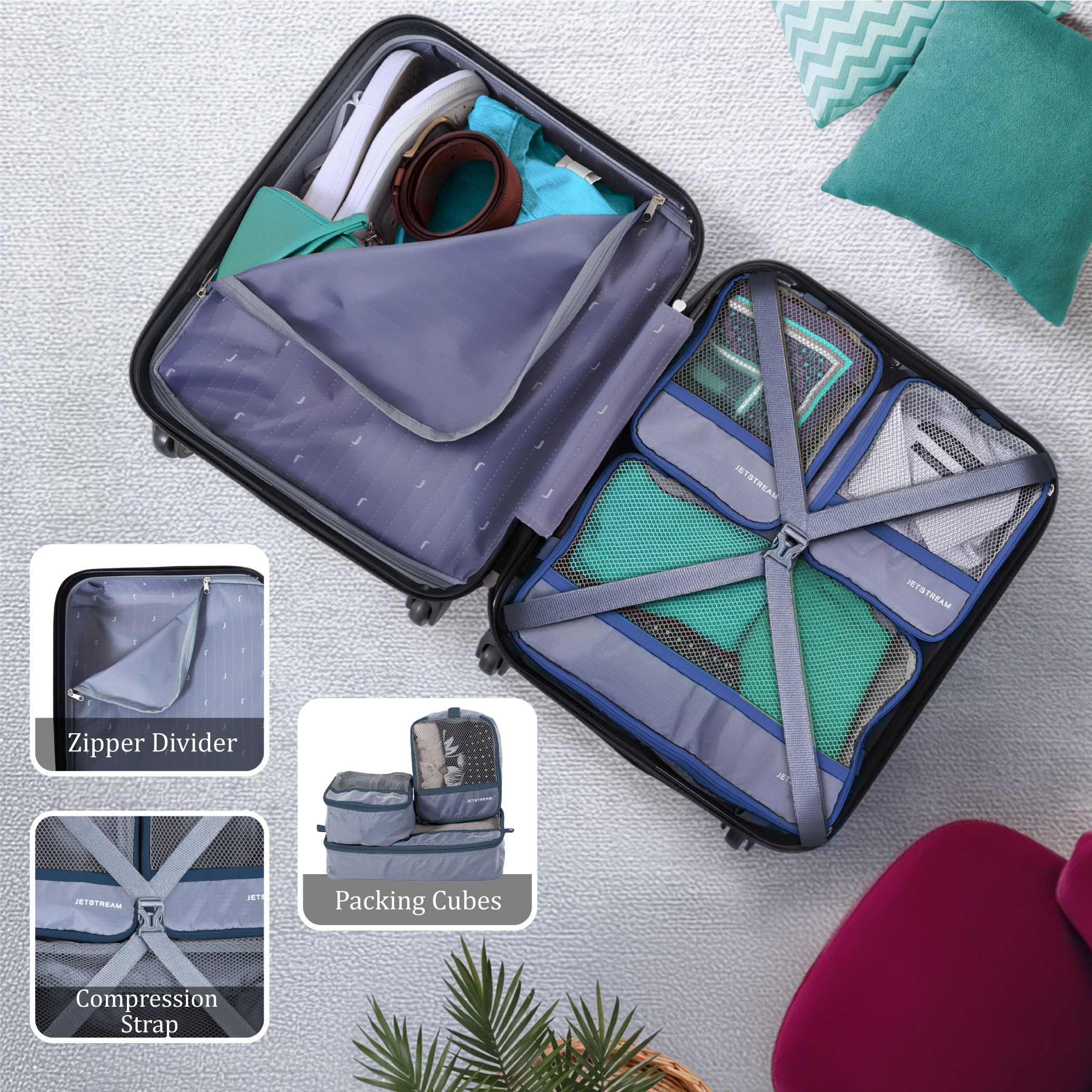 JetStream® Ensemble de Bagages Rigides à Main de 4 pièces: Valise Cabine à Roulettes de 20 po et 3 Cubes de Rangement