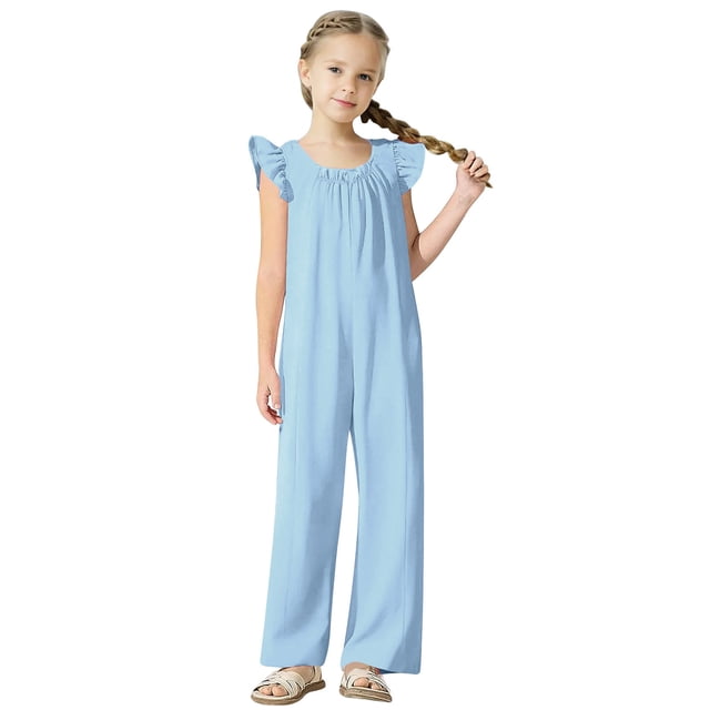 Diufon Combinaison Fille Manches à Volants Smockée Col Rond Pantalon Été Mignon avec Poches