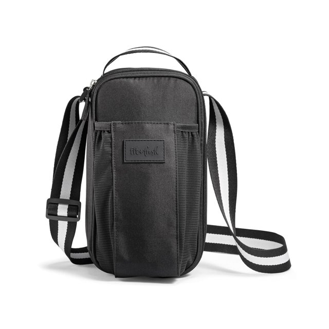 Fit + Fresh Nina Porte-Bouteille d'Eau avec Compartiment Isolé en Violet Noir, Sac Messager Rectangulaire Isolé avec Fermeture à Glissière Autour, Bandoulière Rayée Noire et Blanche Ajustable, Poignée Supérieure et Poche avant en Maille, Convient aux Gobelets de 40 Oz et Garde les Boissons Fraîches pendant des Heures, Idéal pour la Randonnée Ou l'Usage Quotidien