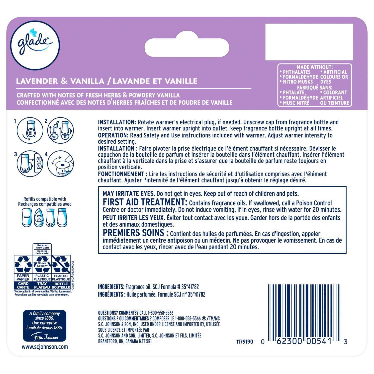 Glade PlugIns® Huile Parfumée 5 Recharges - Lavande et Vanille