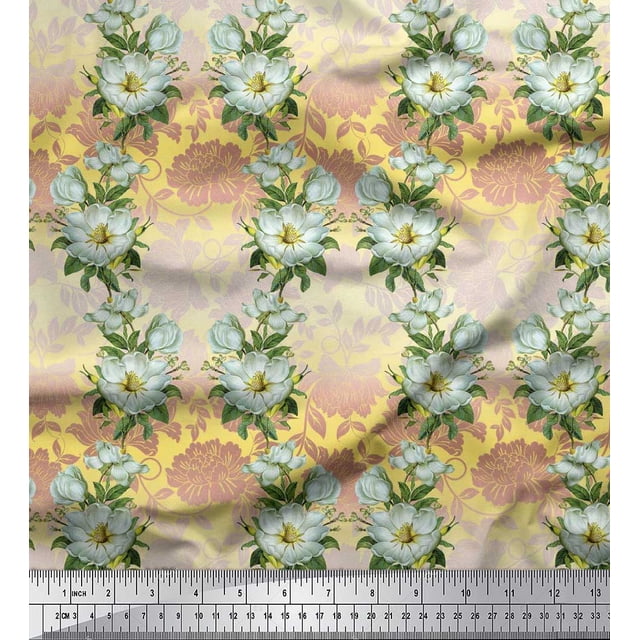 Soimoi Polyester Crepe Fabric Leaves & Magnolia Floral Print Sewing Fabric Yard 42 Inch Wide