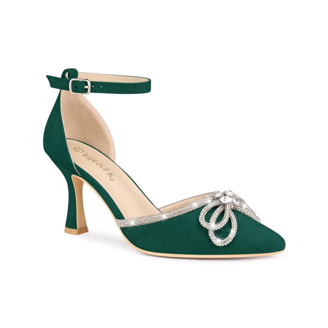 BLISSFUL STEP Women's Rhinestones Bow Ankle Strap Stiletto Heel Pumps Green (Size 6)