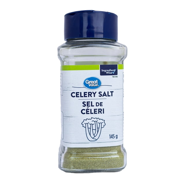 Great Value Celery Salt 145g in a clear plastic bottle with a blue flip-top lid, featuring bilingual English and French labeling and a celery stalk illustration, an aromatic seasoning suitable for enhancing meat, fish, and vegetable dishes.