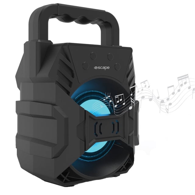 Escape Bluetooth wireless speaker in black with integrated FM radio and disco backlighting. The portable speaker features a sturdy carrying handle, a bold front-facing design with blue lighting effects, and wireless stereo sound. Ideal for parties or on-the-go use.