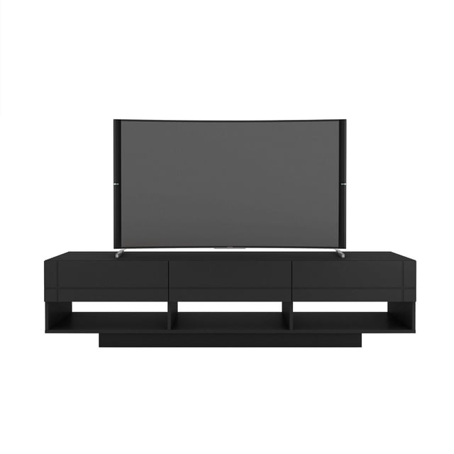 Stereo 3 Drawer 72-Inch TV Stand in black melamine and matte lacquer finish with three metal-slide drawers above three open cubbies with rear wire access, designed to fit TVs up to 80 inches and organize electronic components efficiently.