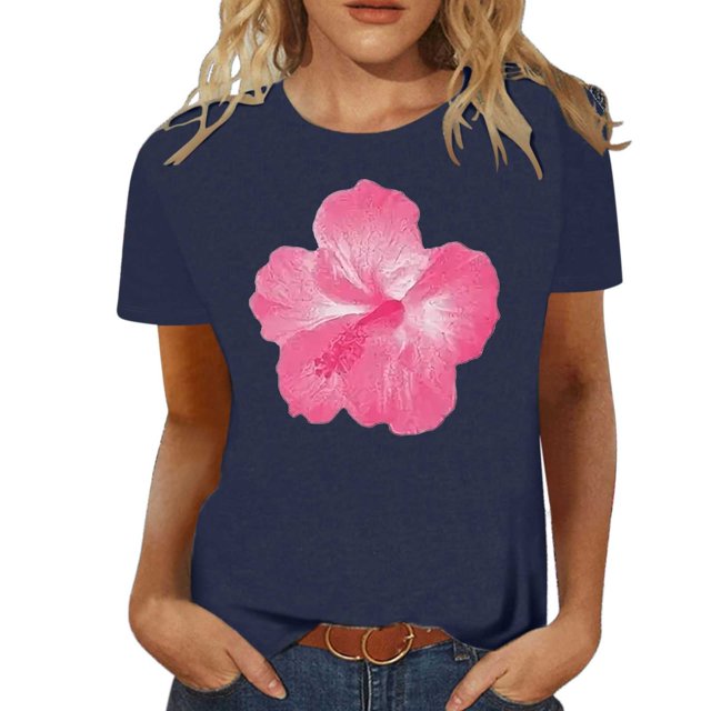 LUOGENLI T-shirts pour Femme pour Femmes Mode Décontractée Chemises Imprimées Col Rond Manches Courtes T-Shirt Hauts Tunique Blouse T-shirts pour Femmes T-Shirt Graphique Drôle Vêtements d'Été Bleu Marine TTG