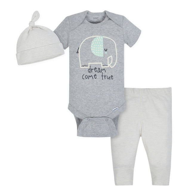 Gerber® Baby Neutral 3-Piece Organic Set - Grey with a short sleeve grey Onesie® bodysuit featuring a blue and white elephant and 'dream come true' text, paired with cream and grey striped pants and a matching knotted cap, made from 100% organic cotton for baby boys 0-9 months.
