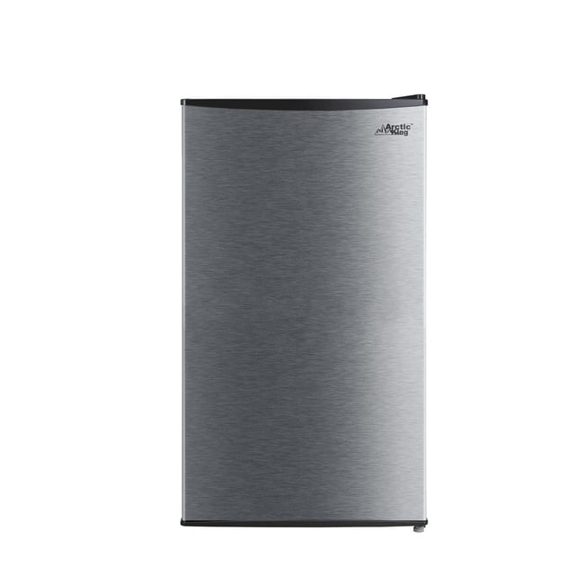Arctic King 3.3 Cu. ft. Single Door Mini Fridge with brushed stainless steel finish, black trim, and Energy Star certification, designed as a compact refrigerator ideal for small spaces and energy-efficient cooling.